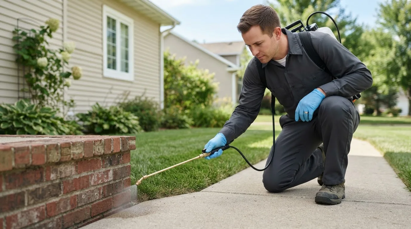 Pest control technician treating a home near Olney, IL
