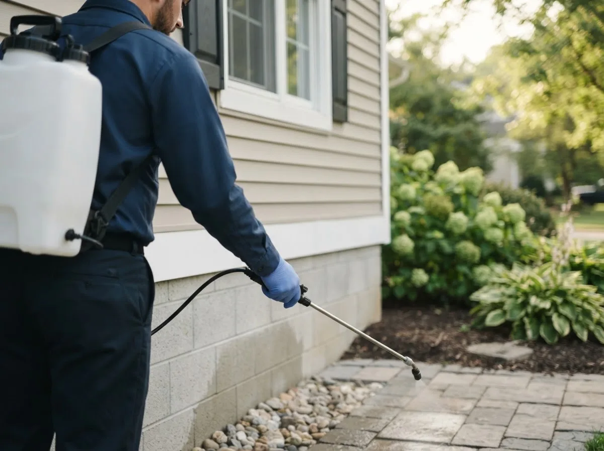 Pest control technician inspecting a home in Olney, IL